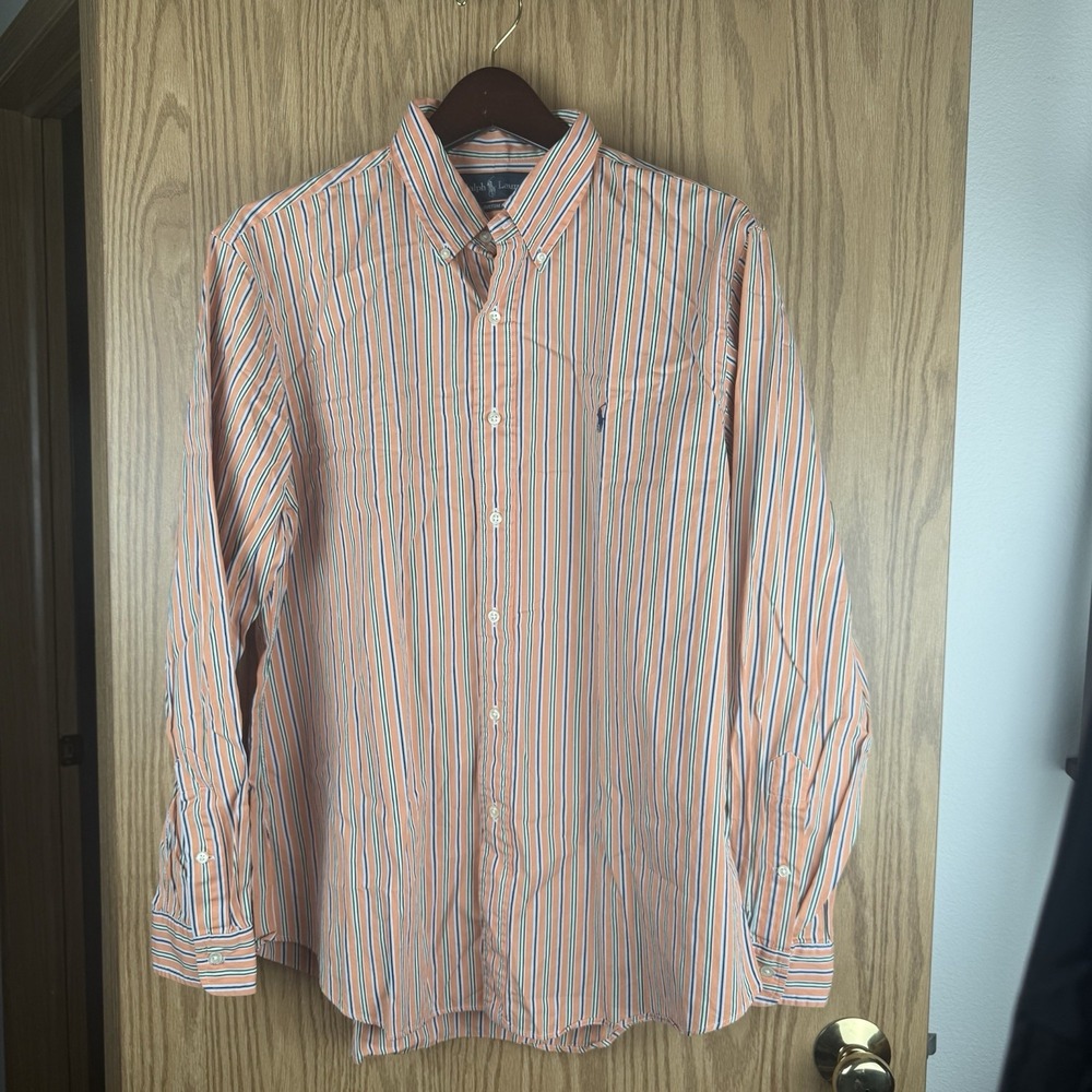 Polo Ralph Lauren Custom Fit Orange Blue Striped L/S Shirt 17 XL Button Up